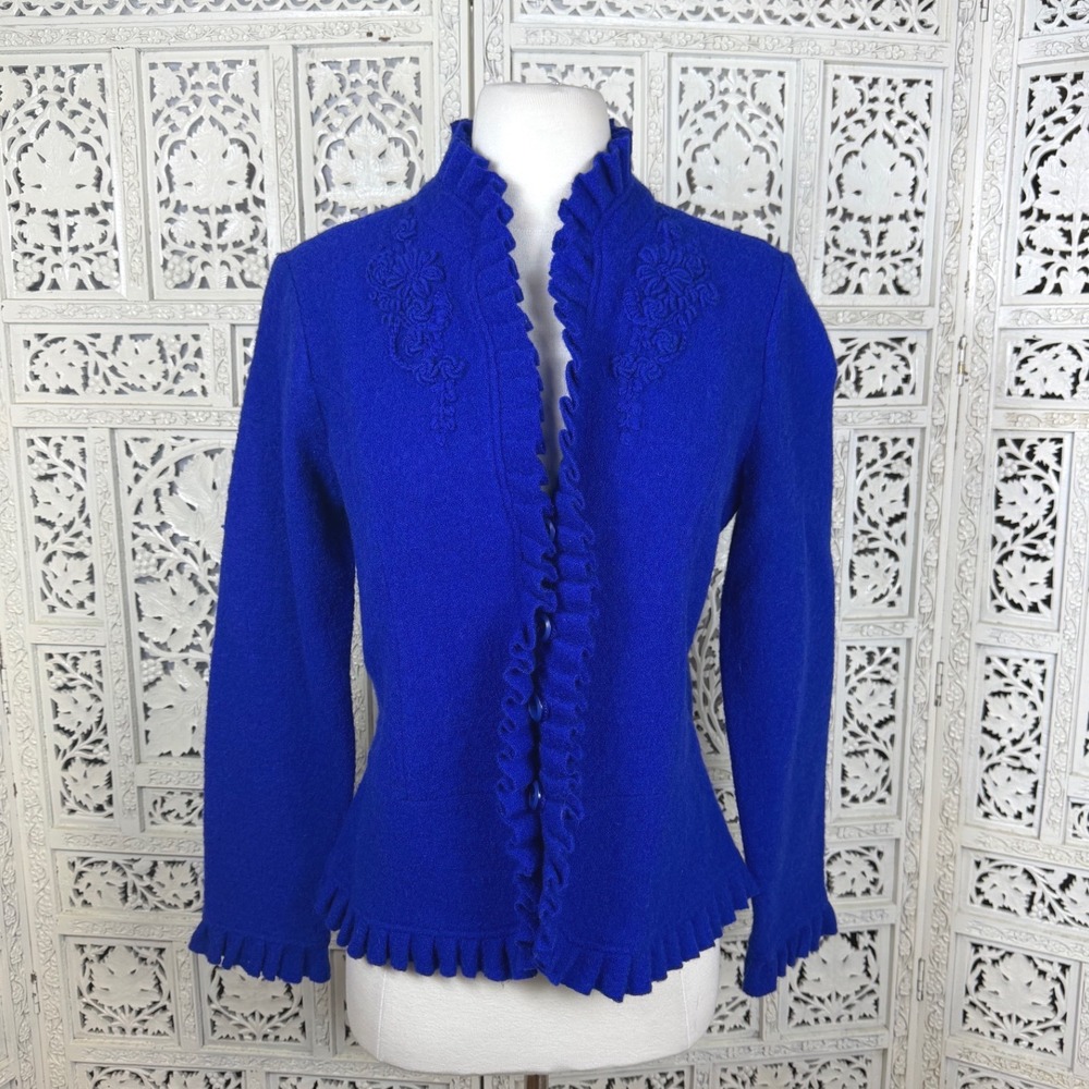 NEW For Cynthia Blue Wool Blazer Cardigan Petite Medium Ruffle Preppy Career